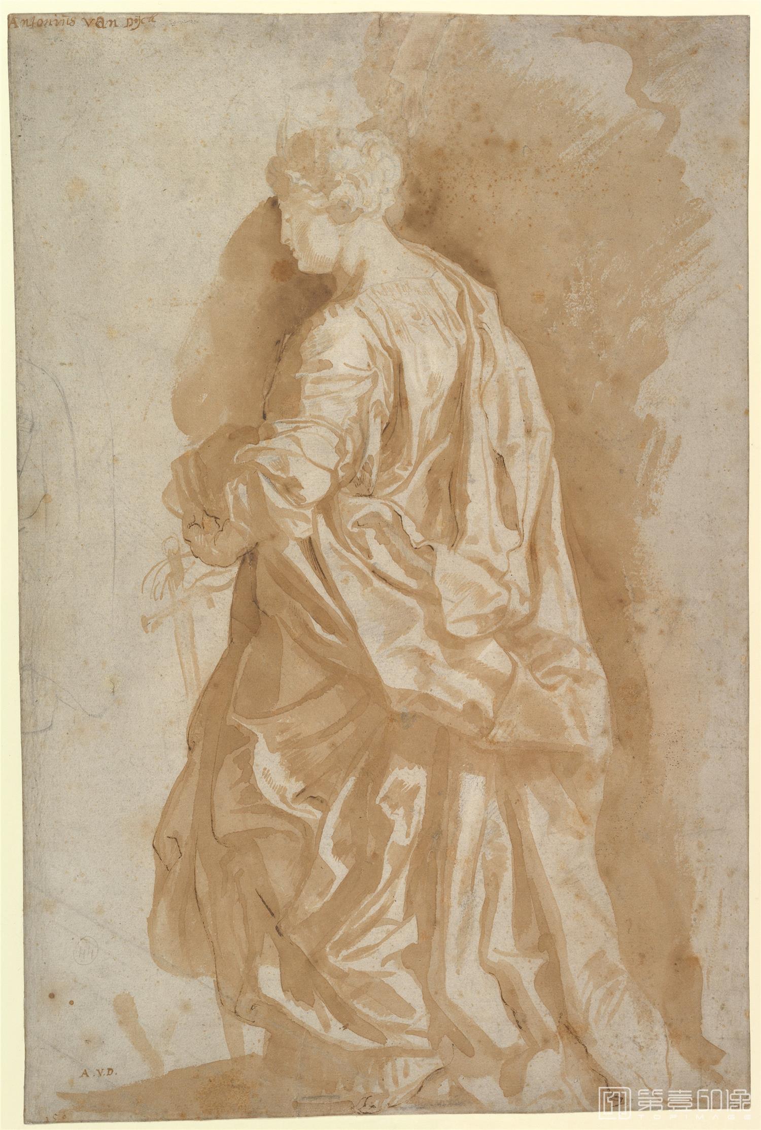 素描-美国纽约大都会美术馆素描藏画-Circle of Peter Paul RubensHalf-Figure of a Nude Man Facing Left, Head of a Satyr-0471